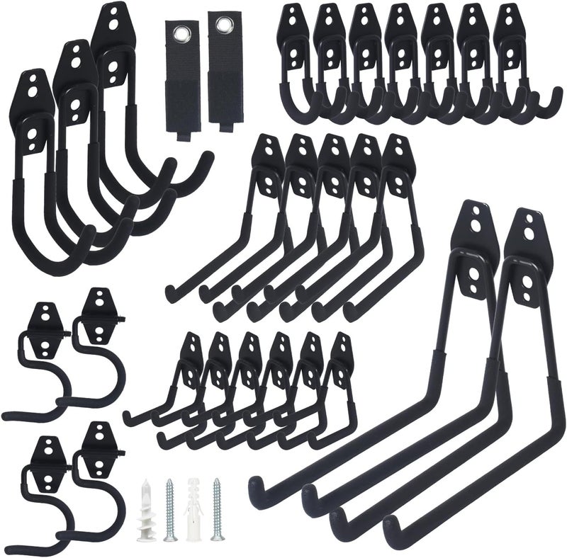 Moneek's Hardware 28 Pack Steel Heavy Duty Garage Hooks Storage Hooks with Anti-Slip Coating, Utility Garage Wall Mount Hanger and Organizer for Bikes, Ladder, Rope, Broom, Shovel and Garden Power Tools (28, Black) - Image 1